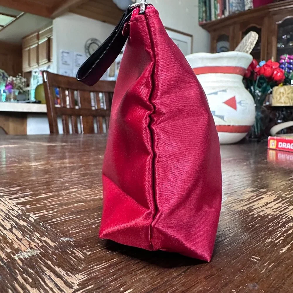 Lancome Red Satin Cosmetic Pouch With Black Accent Trim & Rose Detail